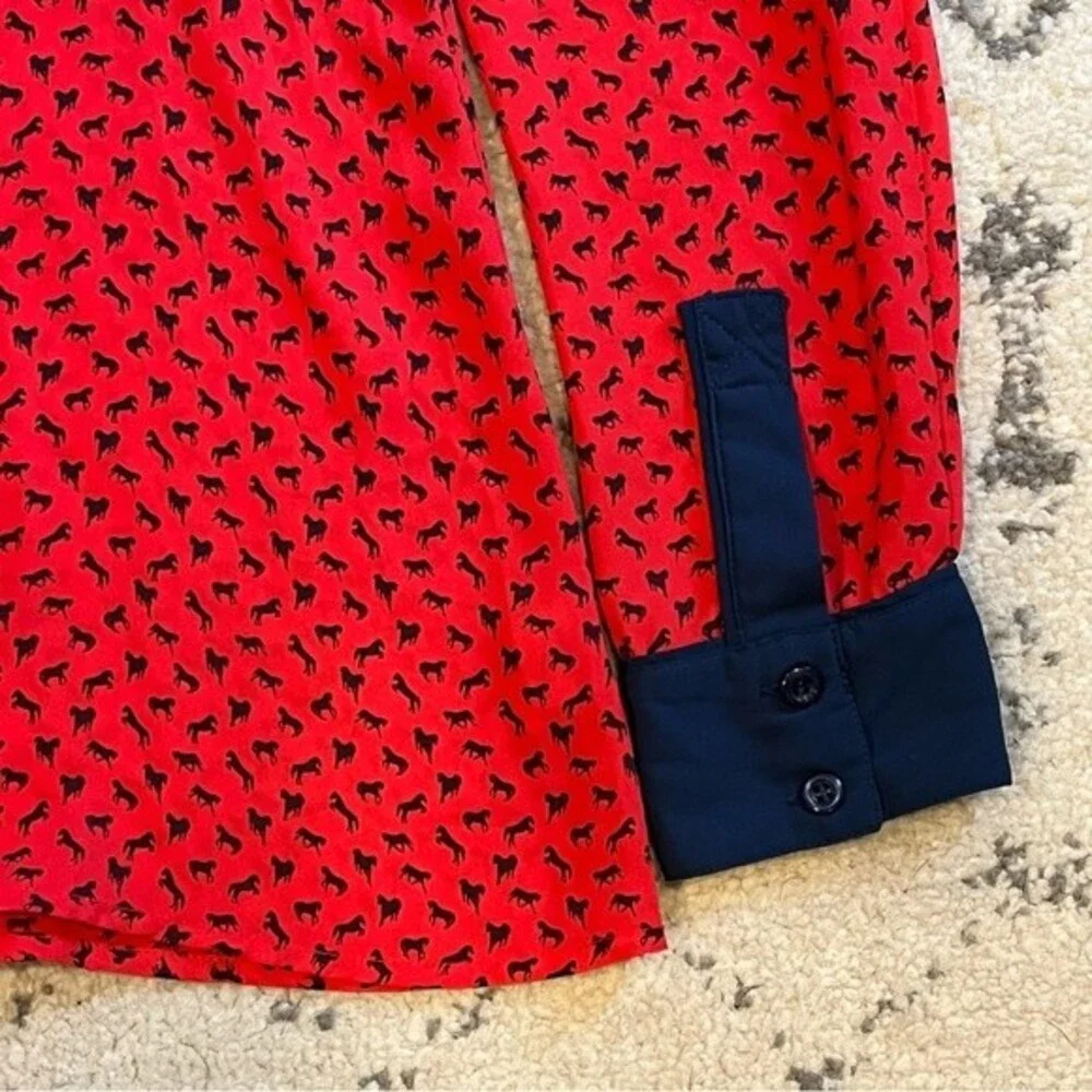 Free People Red & Blue Tiny Horse Print Oversize Top Blouse Size Small